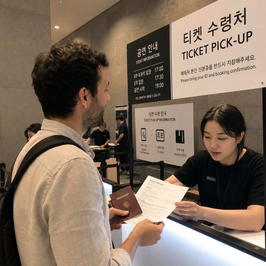 Concert staff checks a traveler’s passport at a Seoul ticket booth