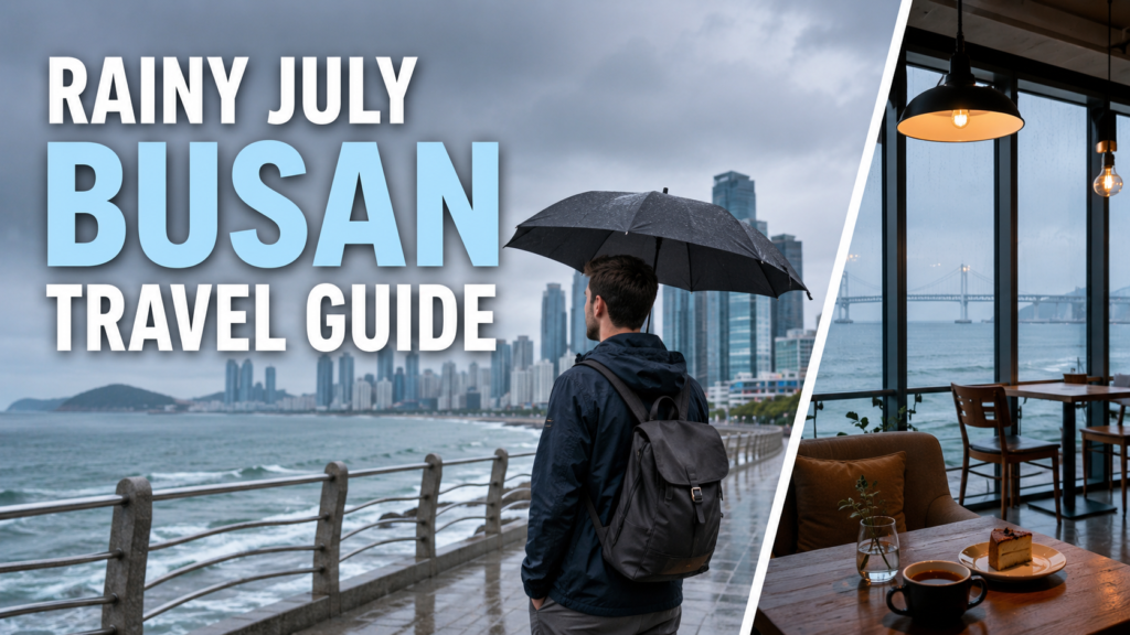 A clean blog thumbnail showing a rainy July travel guide for Busan with indoor attractions and ocean views