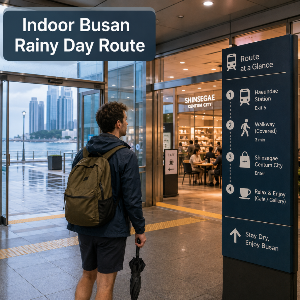 A realistic image showing an indoor rainy-day travel route in Busan with subway access, cafés, and attractions