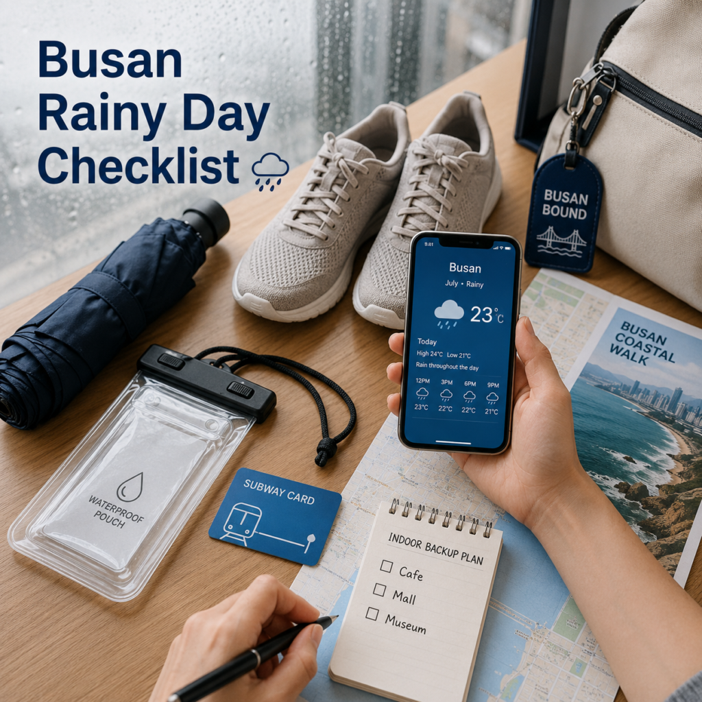 A practical rainy-day Busan travel checklist image with shoes, umbrella, weather forecast, and indoor backup plans