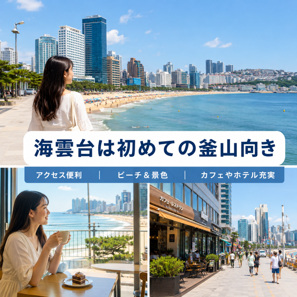 初めての釜山旅行に向いている海雲台ビーチ周辺の雰囲気を表した画像