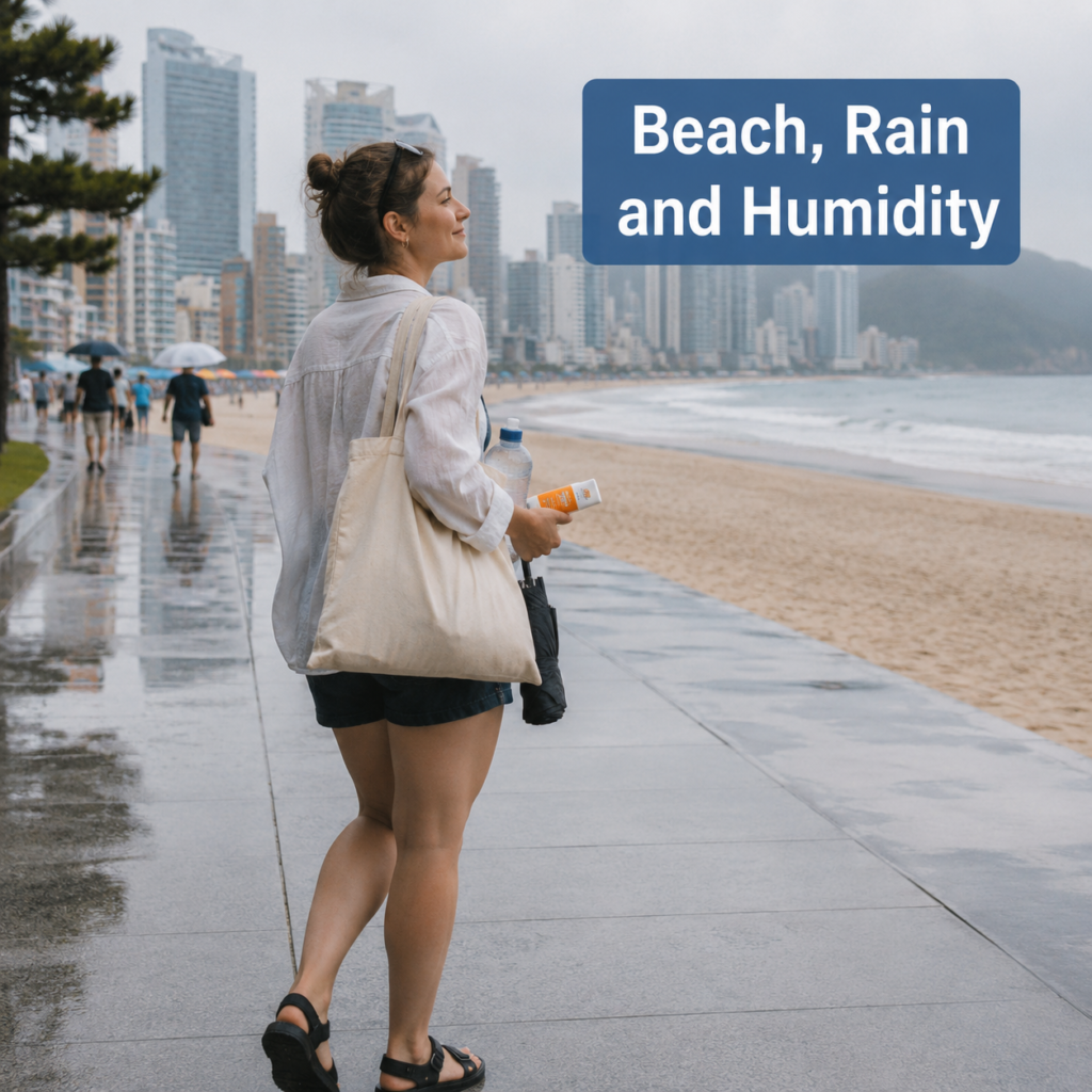Traveler preparing for beach weather, rain and humidity in Busan during July