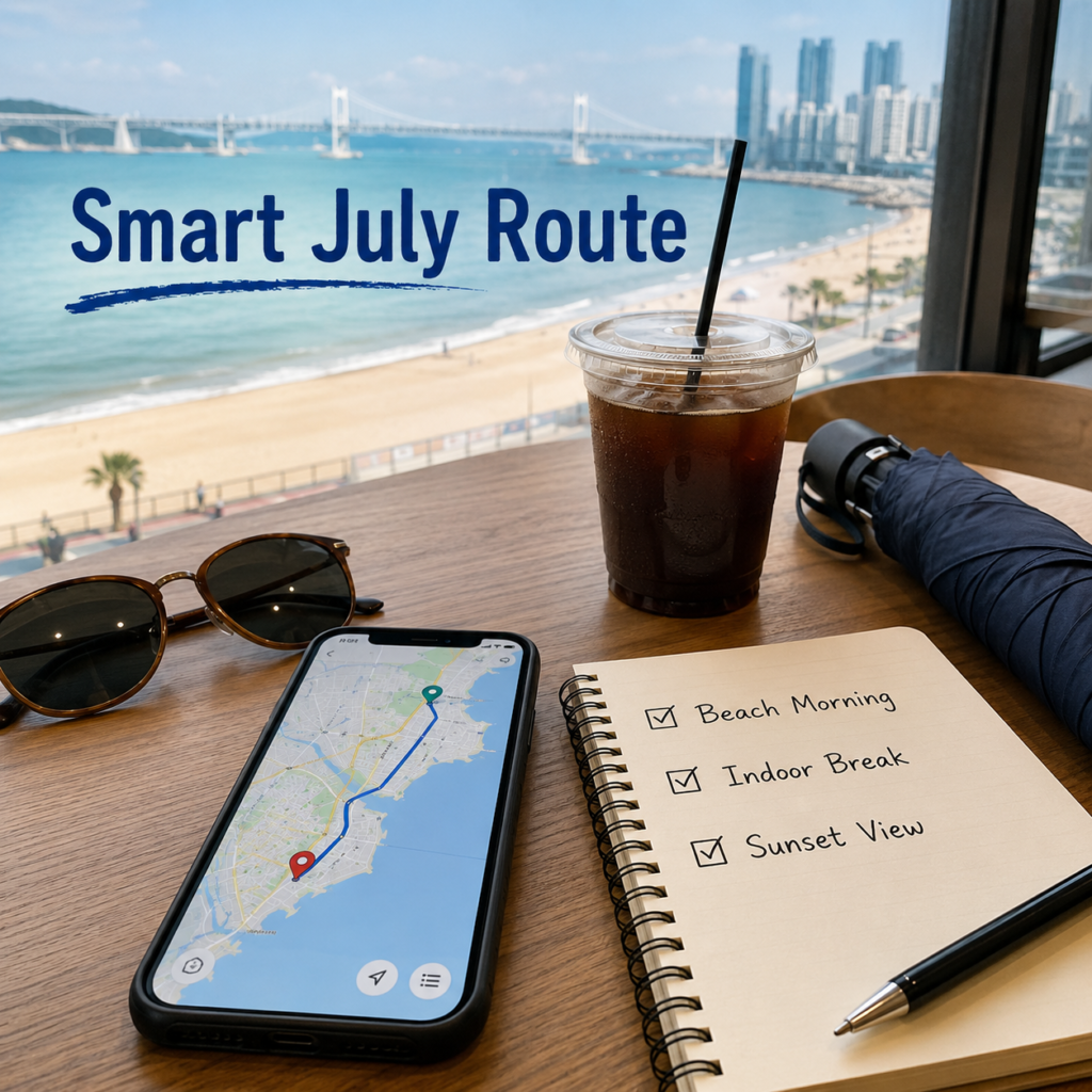 Simple Busan July itinerary with beach morning, indoor break and sunset view