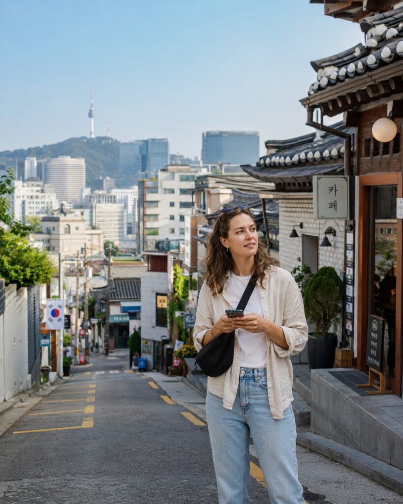 Female international traveler checking a smartphone map while exploring a traditional and modern Seoul neighborhood in South Korea