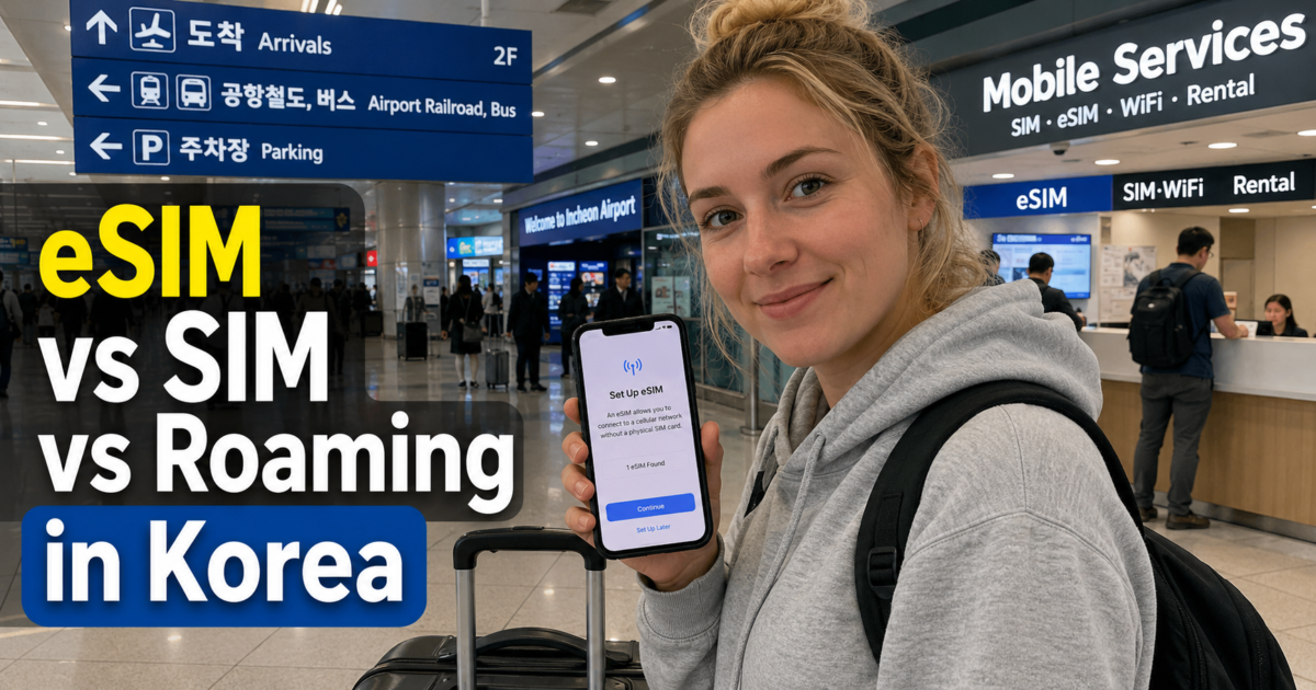 Traveler setting up mobile data at Incheon Airport.