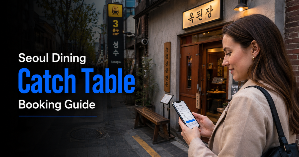 Traveler booking a Seoul restaurant on a phone. Body Image 1 under Why Catch Table Global Matters in Seoul A natural smartphone-style square travel photo of a Singaporean couple in their late 20s standing outside a popular-looking Korean restaurant in Hannam, checking a generic waitlist screen on a phone. Include realistic Seoul details such as a small Korean menu board, a narrow sidewalk, restaurant queue markers, and a nearby sign with Hangul text. Korean staff may appear only in the background near the doorway. No title overlay. Focus on the moment of checking reservation or waitlist status before entering. Negative prompt: blurry, low resolution, unreadable text, distorted hands, extra fingers, uncanny face, watermark, logo, stock-photo look, overly perfect symmetry, emoji in text, non-English overlay text. checking-seoul-restaurant-waitlist Couple checking a Seoul restaurant waitlist outside. Body Image 2 under How to Make a Restaurant Reservation Step by Step A natural smartphone-style square travel photo of an American solo male traveler in his 40s sitting at a small café table near Gangnam Station, planning dinner reservations on a smartphone with a generic calendar and time-slot interface, no real logos or copied app UI. Include a paper subway map, a coffee cup, a Korean receipt, and a blurred Hangul street sign through the window. Use side angle or over-the-shoulder composition with focus on hands and phone, not a close-up face. No large title overlay. Negative prompt: blurry, low resolution, unreadable text, distorted hands, extra fingers, uncanny face, watermark, logo, stock-photo look, overly perfect symmetry, emoji in text, non-English overlay text. making-seoul-restaurant-reservation Traveler choosing a Seoul restaurant reservation time.