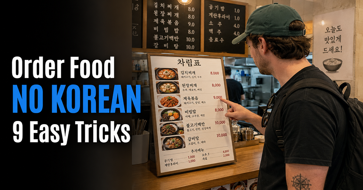 Traveler points at a Korean restaurant menu