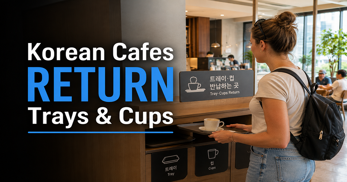 Traveler returns a tray at a Seoul cafe