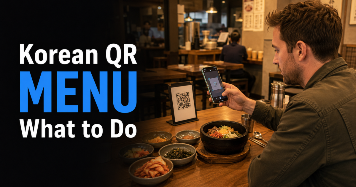 Traveler scans a QR code menu in a Korean restaurant Body Image 1 under H2 “Step 1: Check for English before translating everything” Realistic smartphone photo of a foreign woman traveler in her late 20s from France looking for an English language button on a generic QR menu page in a Korean restaurant, table with chopsticks, water cup, and side dishes visible, screen shows simplified generic menu layout without copied UI or real restaurant branding, no overlay text, natural indoor lighting, hands and phone in focus. Negative prompt: blurry, low resolution, unreadable text, distorted hands, extra fingers, uncanny face, watermark, logo, stock-photo look, overly perfect symmetry, emoji in text, non-English overlay text. qr-menu-english-button-korea Traveler checks for English on a Korean QR menu Body Image 2 under H2 “Step 4: Know when to stop using the QR menu and ask a human” Realistic smartphone photo of a foreign couple in their 40s from Australia politely showing a Korean restaurant server a phone screenshot of a menu item, server pointing to confirm the dish, Korean table call bell and side dishes visible, practical travel problem-solving moment, side angle, no overlay text, no real logos, no exact app UI. Negative prompt: blurry, low resolution, unreadable text, distorted hands, extra fingers, uncanny face, watermark, logo, stock-photo look, overly perfect symmetry, emoji in text, non-English overlay text. ask-server-help-korean-qr-menu Travelers ask a server for help with a QR menu