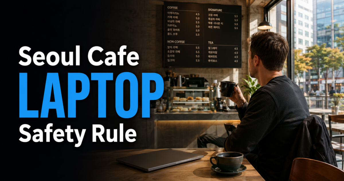 Traveler near a laptop inside a Seoul cafe