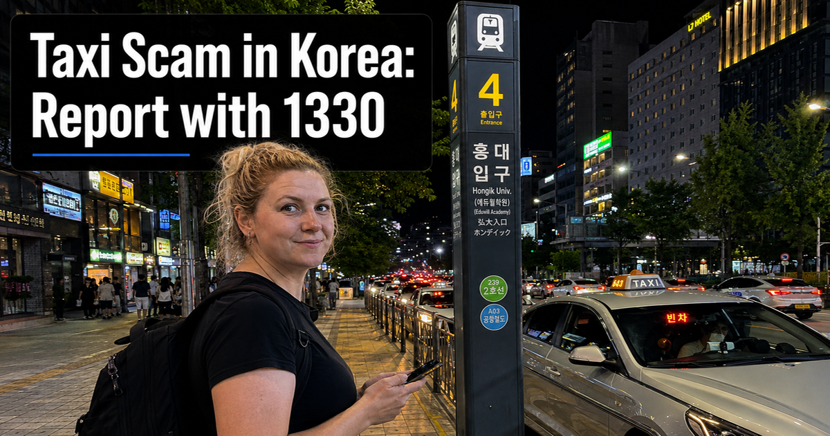 Traveler checks taxi details in Seoul at night.