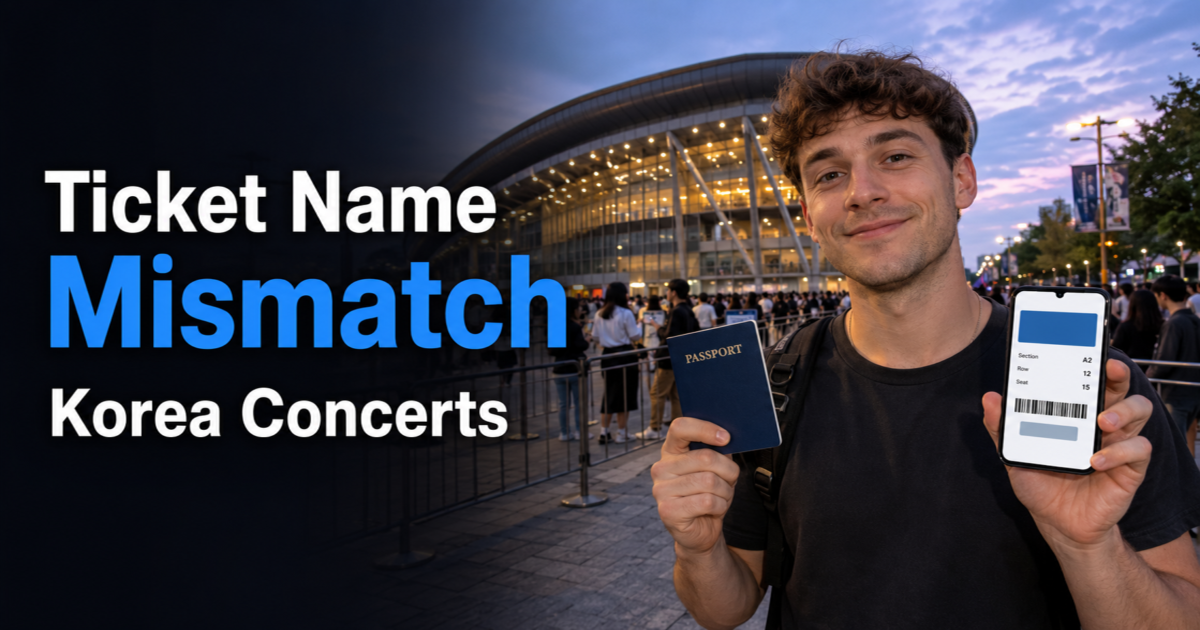 Traveler checks passport and concert ticket outside a Seoul venue