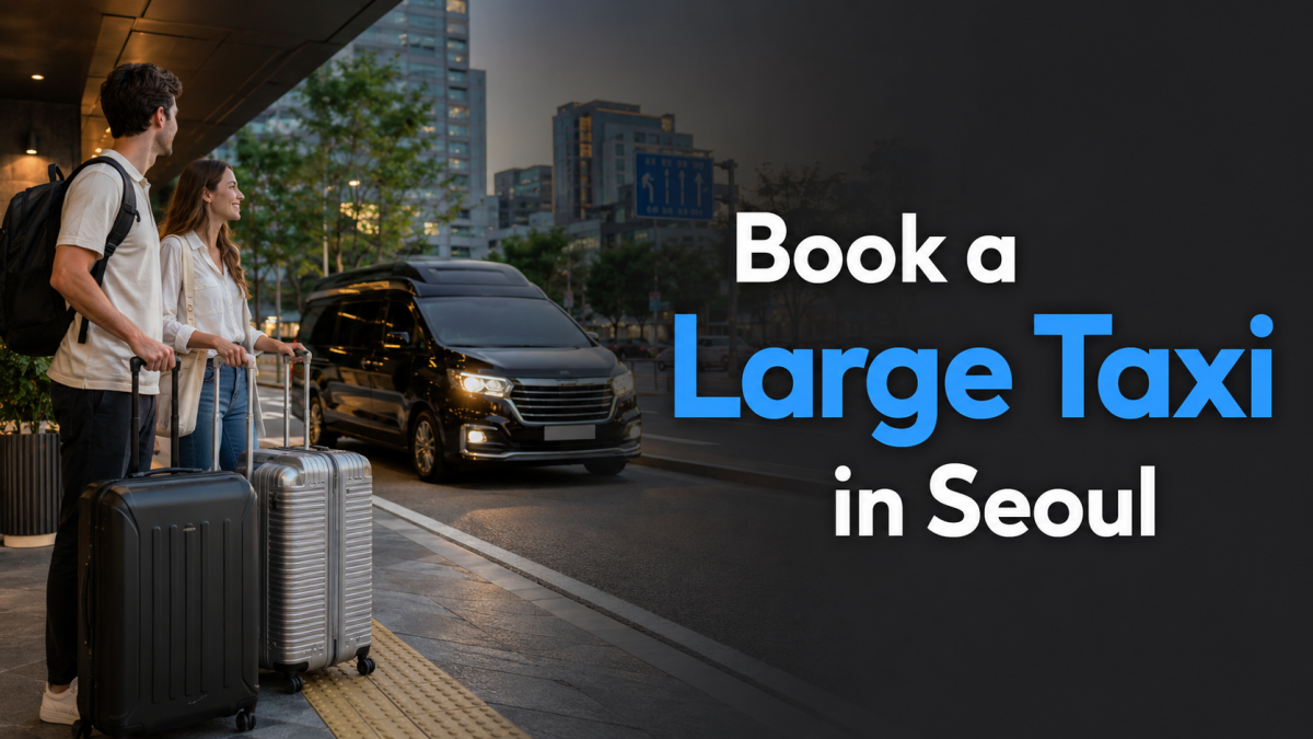 Travelers booking a large taxi outside a Seoul hotel