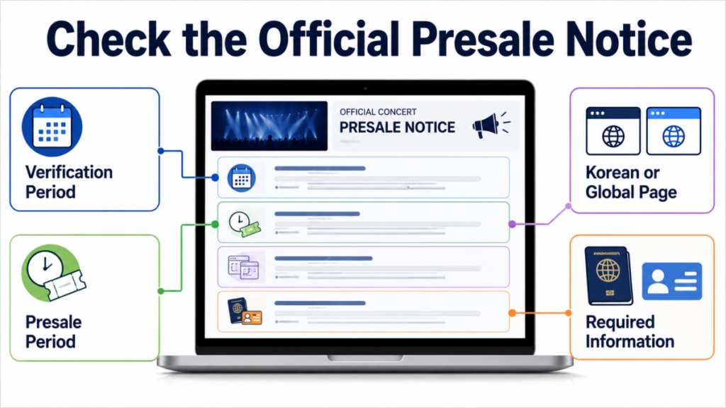 Official concert presale notice showing the verification deadline, presale period and ticket page type