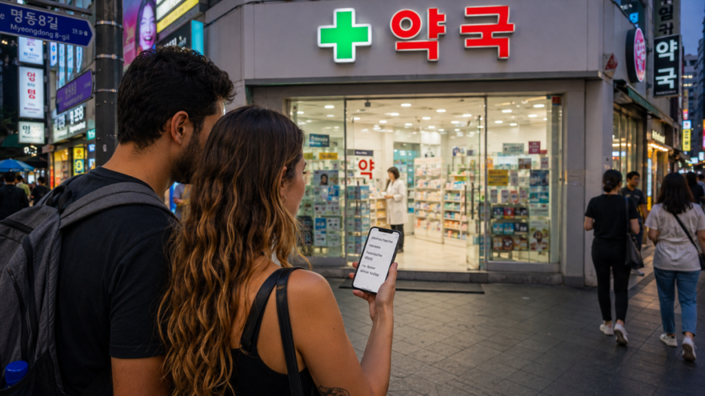 Travelers checking a Korean pharmacy before entering