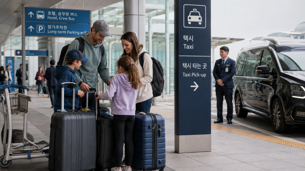 Family with luggage near airport taxi pickup signs