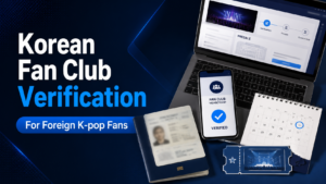 Foreign K-pop fan comparing a passport, fan club membership and concert presale account
