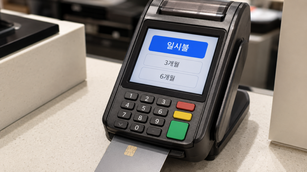 Korean card terminal showing 일시불, 3개월, and 6개월 payment options