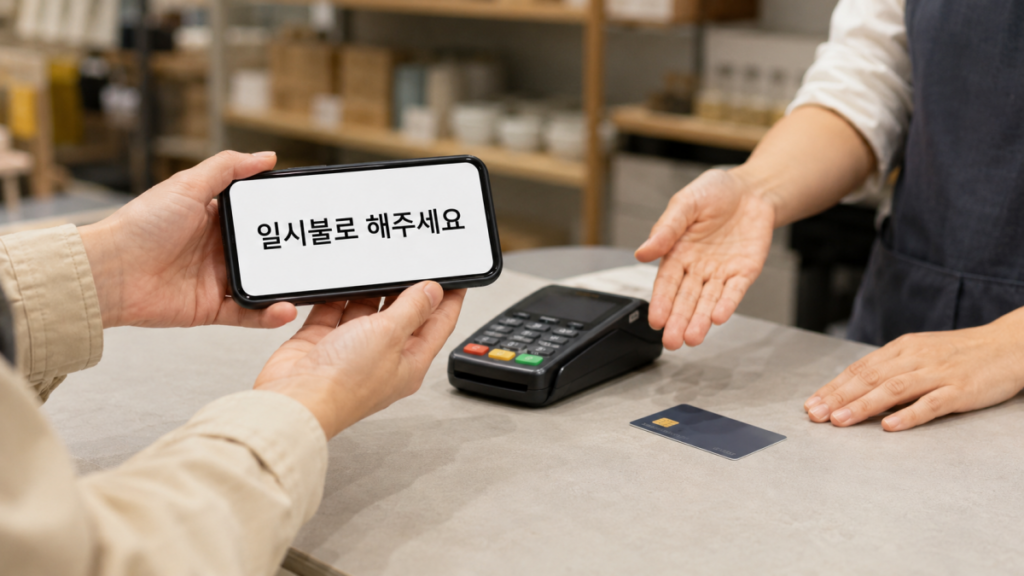 Traveler showing the phrase 일시불로 해주세요 at a Korean checkout counter