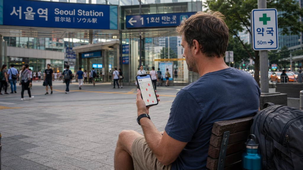 Traveler searching for a nearby pharmacy on a phone near Seoul Station