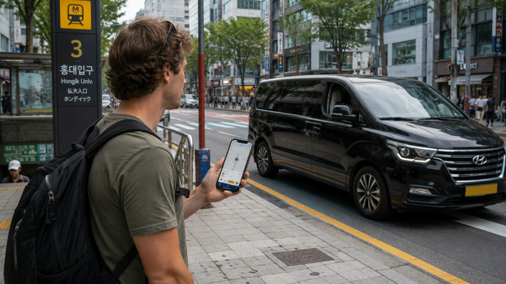 Traveler booking a van taxi near a Seoul station