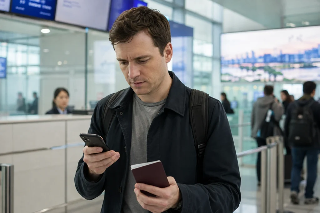 Traveler comparing passport details with information on a smartphone before immigration in Korea