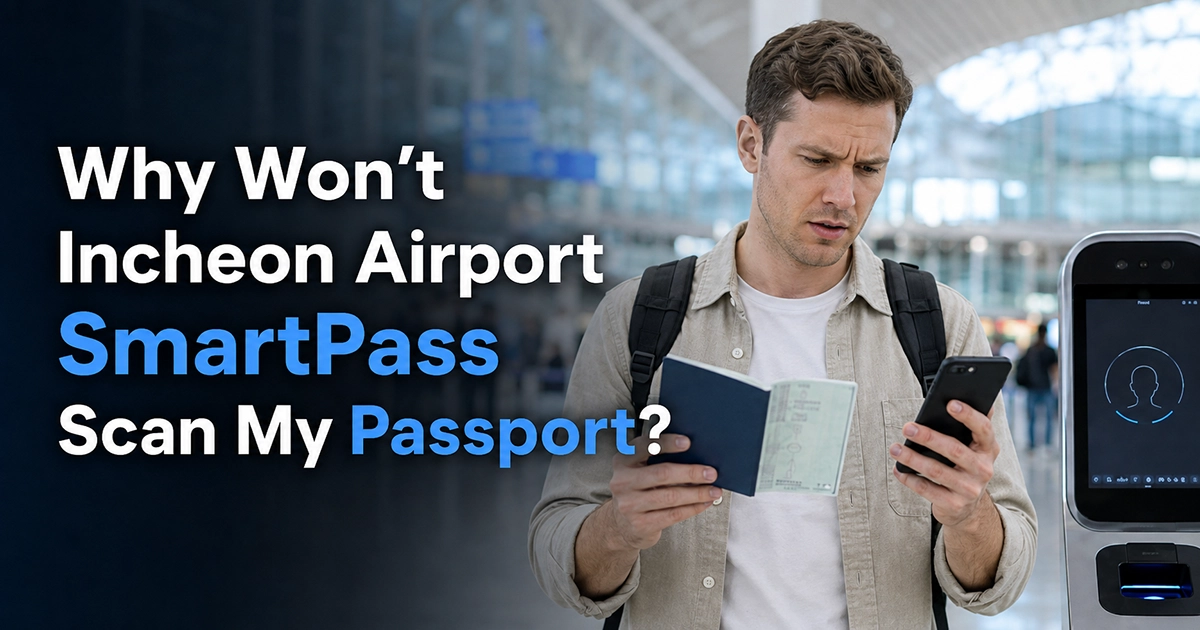 International traveler holding an open passport and smartphone at Incheon Airport