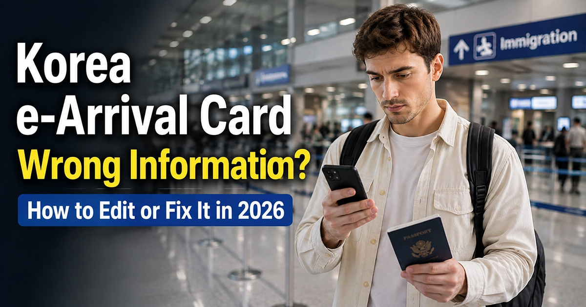 Traveler checking arrival information on a smartphone while holding a passport at a Korean airport