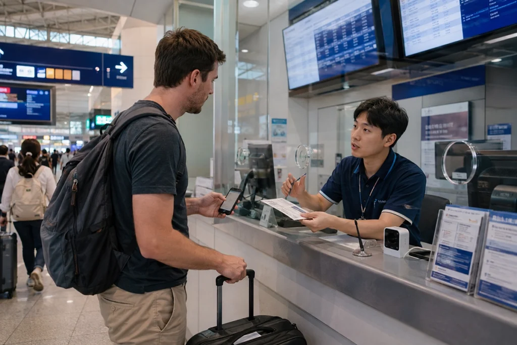 Foreign traveler asking about a standing ticket at a Korean rail counter