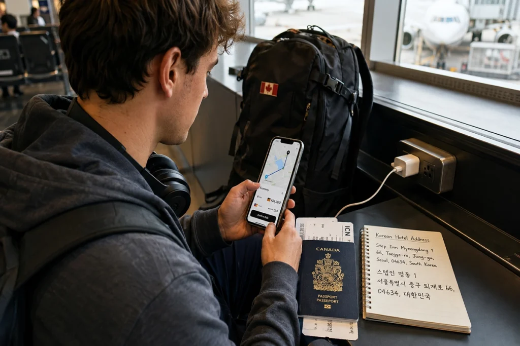 Traveler preparing k.ride and Korean hotel address