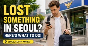 Traveler checking lost-item information outside a police office in Korea