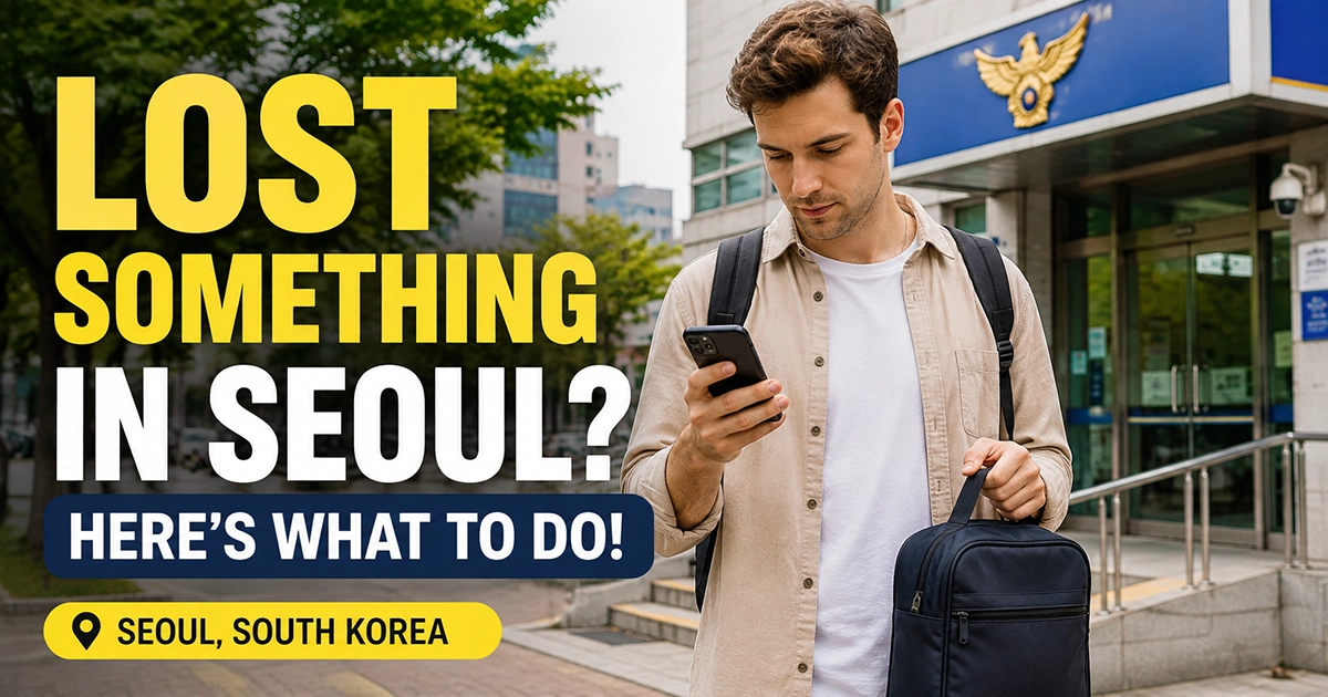 Traveler checking lost-item information outside a police office in Korea