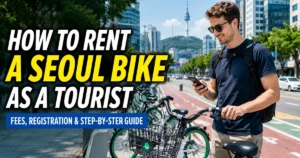 Tourist using a smartphone beside a public rental bicycle in Seoul