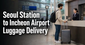 Traveler with a suitcase preparing for airport luggage delivery at Seoul Station