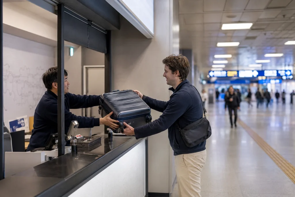 Traveler handing a suitcase to a luggage service count