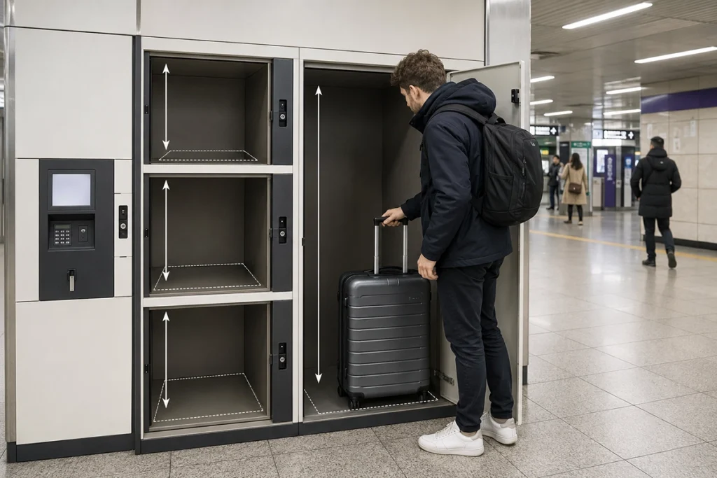 Traveler comparing a suitcase with different locker sizes in a Seoul subway station