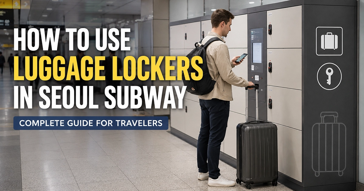 Traveler with a suitcase checking luggage lockers inside a Seoul subway station