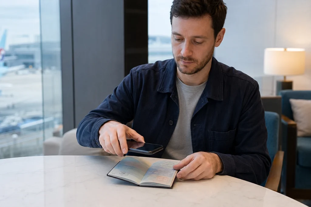 Traveler positioning a smartphone over an open biometric passport for an NFC scan