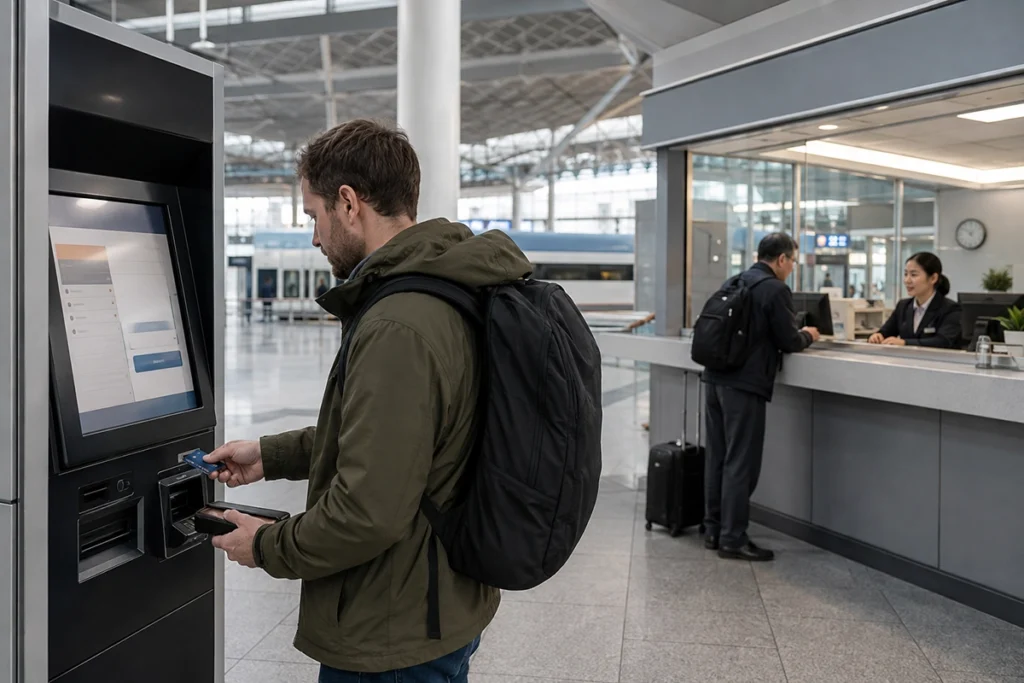 Foreign traveler using a credit card at a Korean train station ticket machine