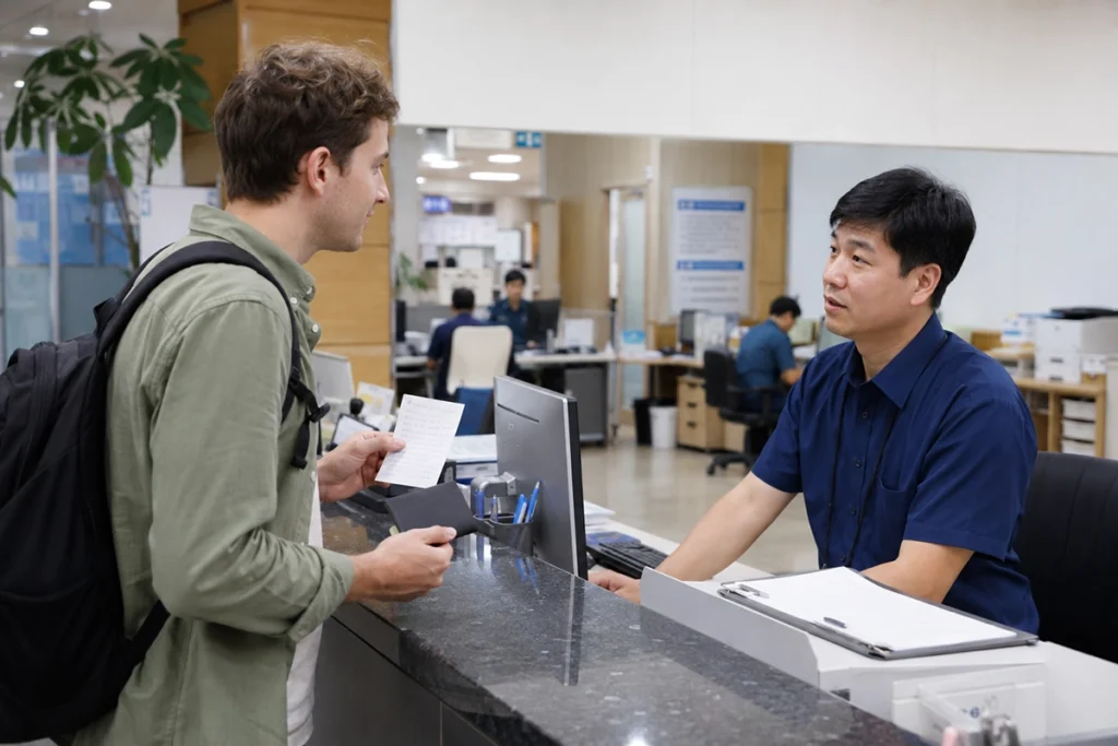 International traveler reporting a lost item at a police office in Korea