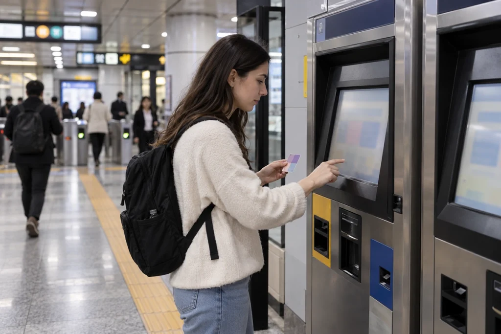 Traveler using a subway card machine in Seoul before requesting a Climate Card refund