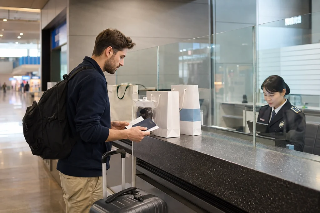 Traveler preparing passport, receipts, and unopened purchases for airport customs inspection
