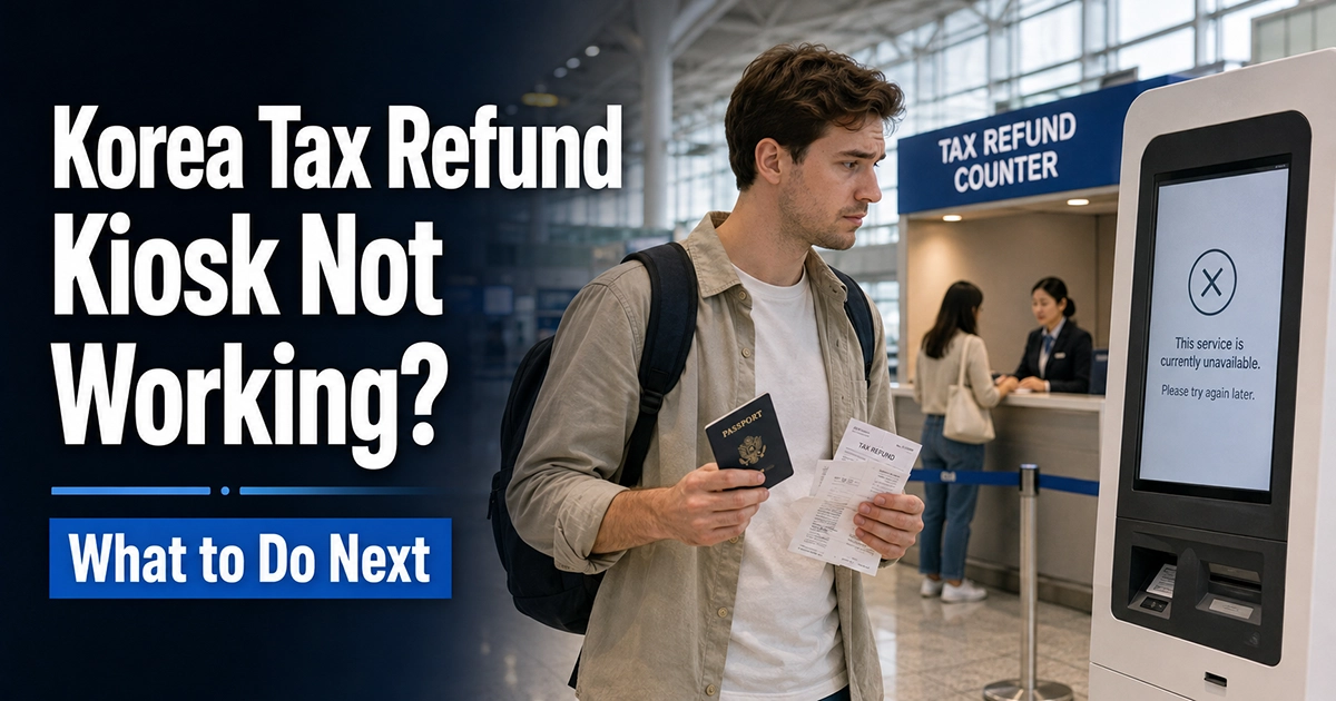Traveler holding passport and receipts beside a tax refund kiosk at a Korean airport