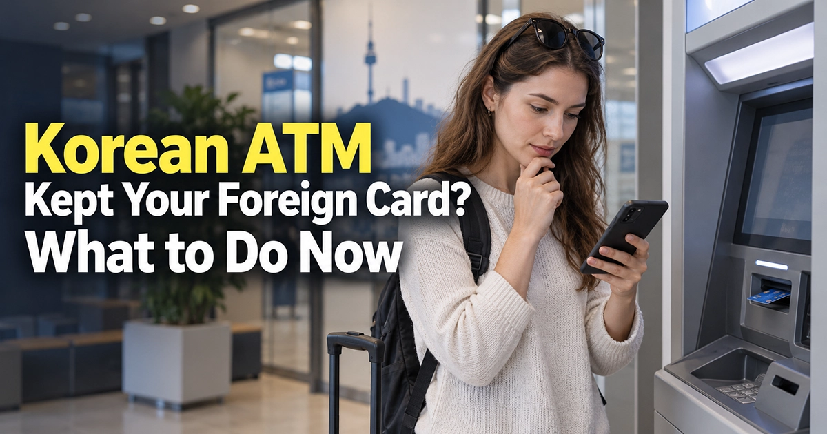 International traveler checking for help beside a Korean ATM
