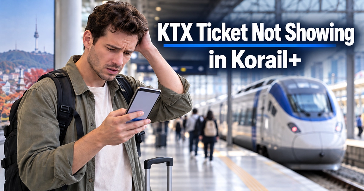 Traveler checking a smartphone for a train ticket at a Korean high-speed rail station