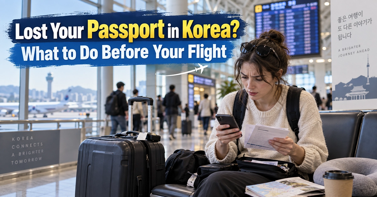 International traveler checking documents and a phone at a Korean airport before departure