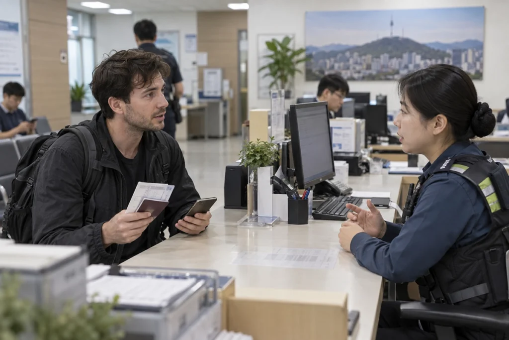 International traveler reporting a lost passport at a police office in Korea