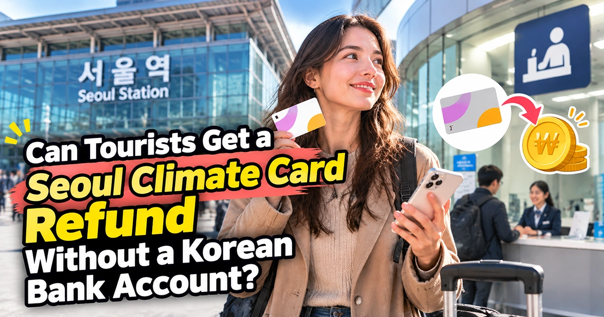 Traveler holding a transit card near Seoul Station while preparing to request a refund