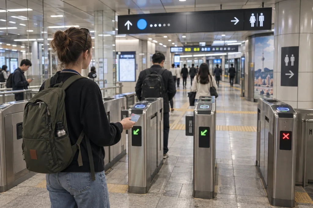 Traveler preparing to re-enter through subway fare gates in Seoul
