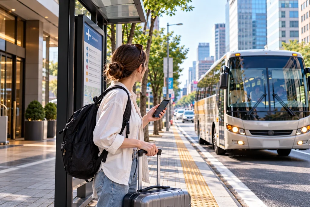 Traveler checking the correct airport limousine bus stop in Seoul with luggage
